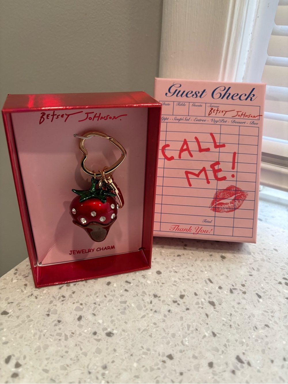 NIB Betsey Johnson Red Chocolate Covered Strawberry Charm Key Ring Gold Hardware